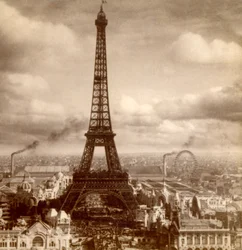 Blick auf die Weltausstellung, Eiffelturm, Champ de Mars und Galerie des Maschinen vom Palais du Trocadéro, Paris, Frankreich 1900